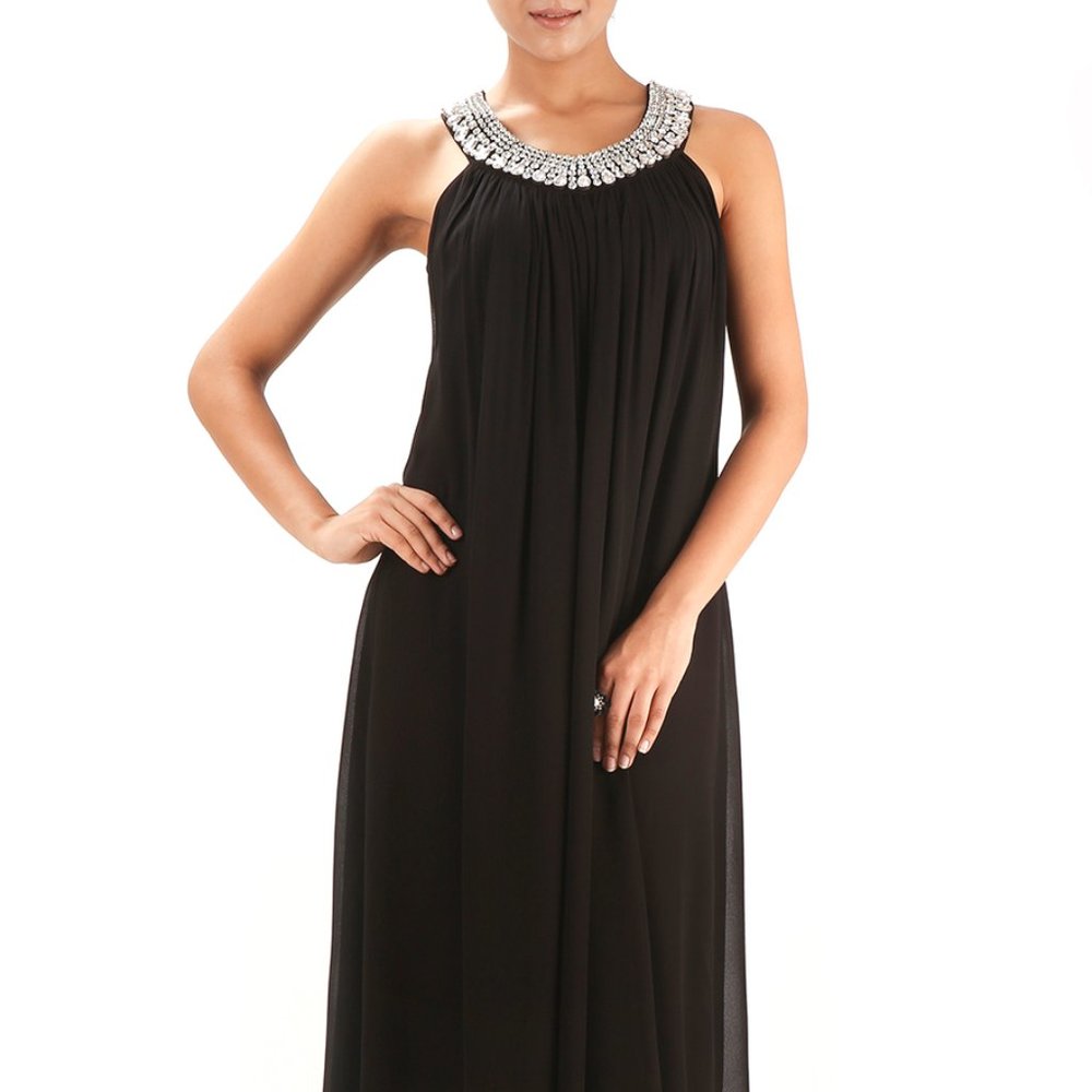 Embellished Neck Black Georgette Dress Long